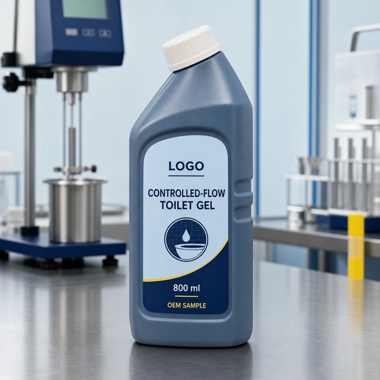 Illustrative muted slate-blue 800 ml single-chamber private-mould angled-neck bottle with off-white cap and integrated LOGO, CONTROLLED-FLOW TOILET GEL and OEM SAMPLE label on a rheology test bench