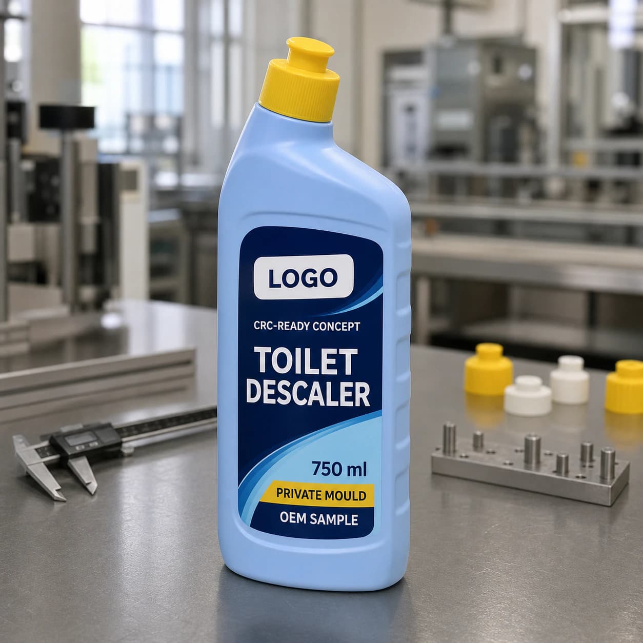 Pale-blue 750 ml single-chamber private-mould bottle with yellow cap and integrated LOGO, Toilet Descaler and OEM SAMPLE label on an engineering bench