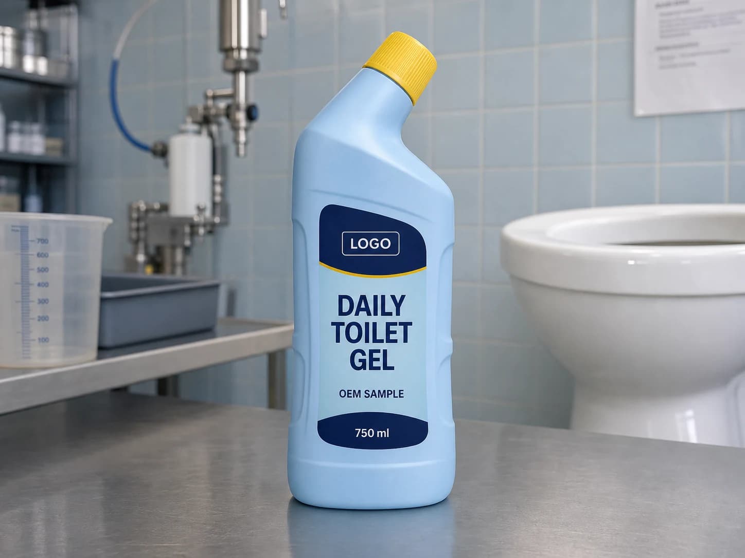 Illustrative pale-blue 750 ml single-chamber private-mould angled-neck bottle labelled LOGO, DAILY TOILET GEL and OEM SAMPLE beside a toilet-care test bench