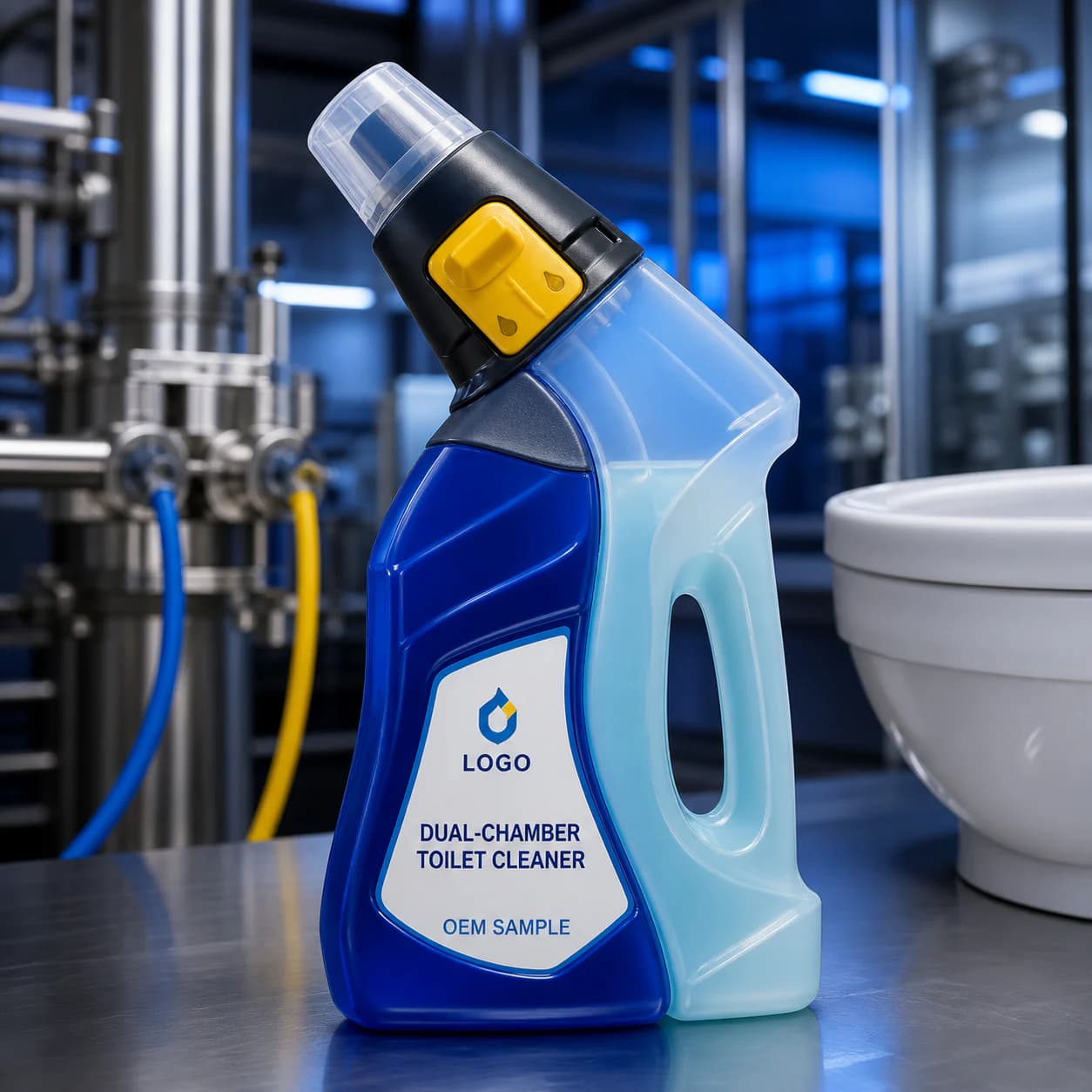 Illustrative cobalt and pale-blue dual-chamber private-mould toilet-cleaner bottle with OEM SAMPLE artwork