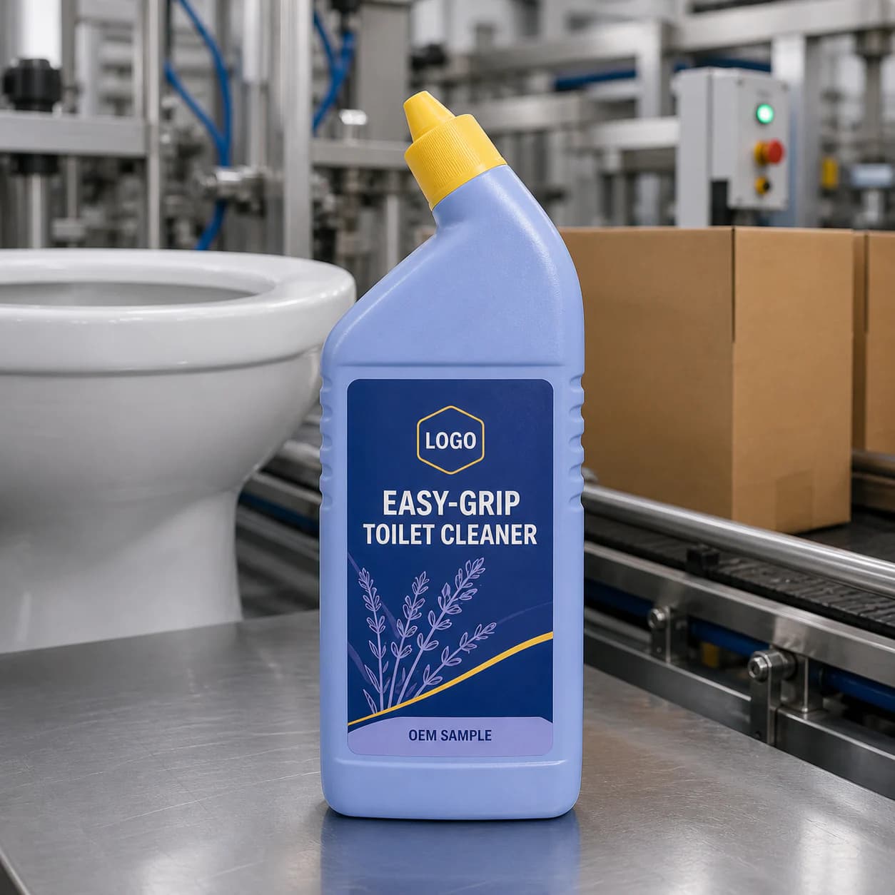 Illustrative pale-blue easy-grip private-mould angled-neck toilet-cleaner bottle with integrated OEM SAMPLE label on a normal packing line
