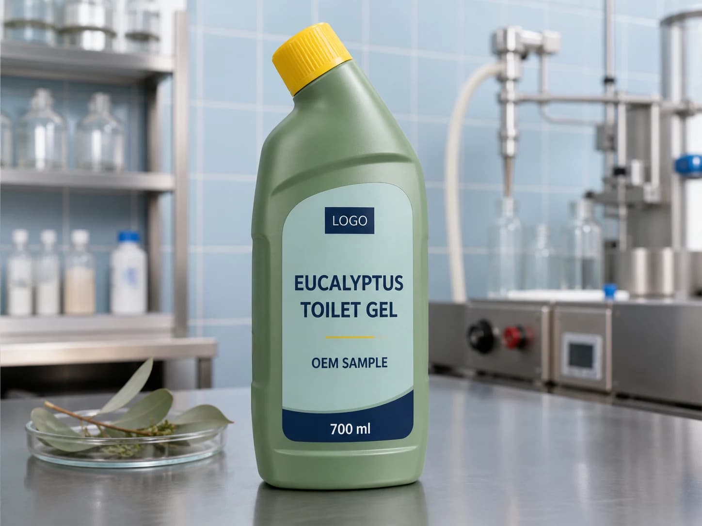 Illustrative muted-green 700 ml single-chamber private-mould angled-neck bottle labelled LOGO, EUCALYPTUS TOILET GEL and OEM SAMPLE on a fragrance evaluation bench