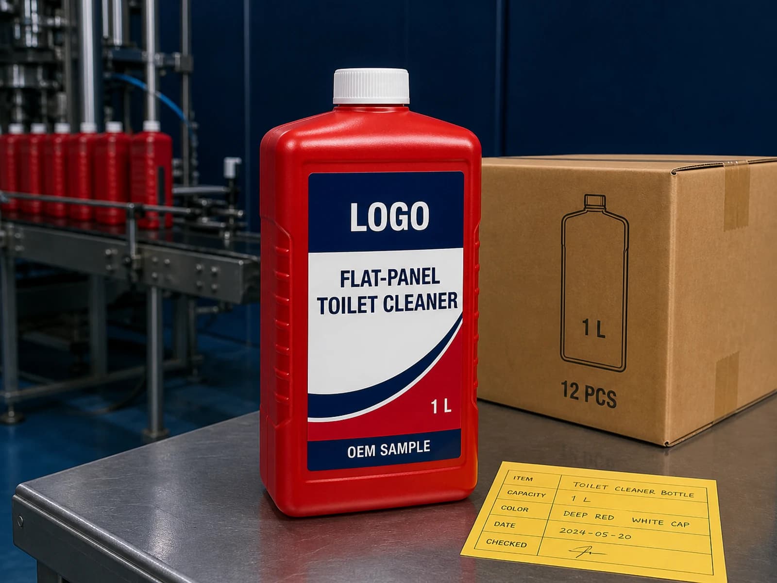 Illustrative red private-mould bottle labelled Flat-Panel Toilet Cleaner, 1 L and OEM SAMPLE beside a case-packing trial carton