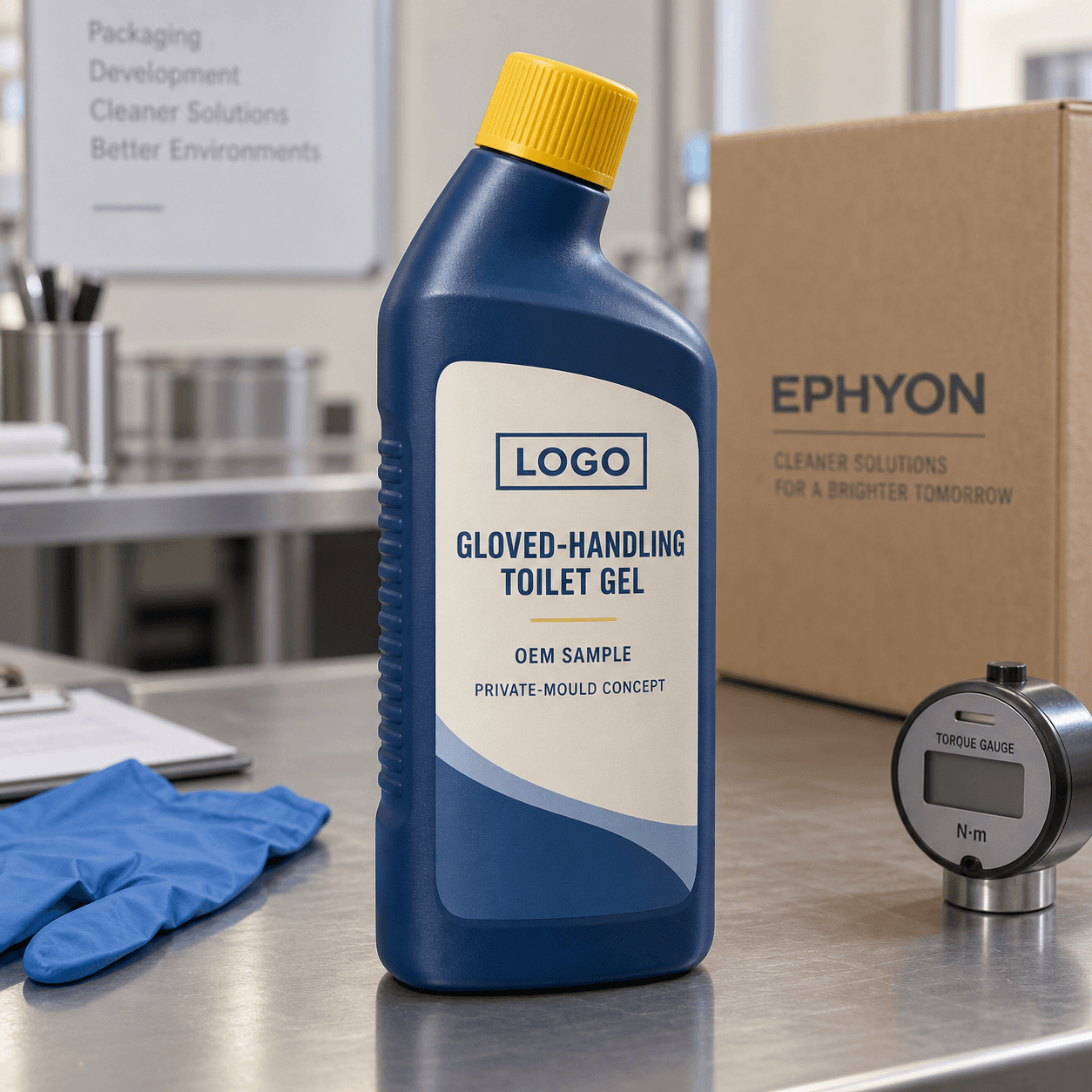 Illustrative slate-blue 1 L single-chamber private-mould bottle with coarse rear-side grip ribs, wide yellow screw cap and integrated LOGO, GLOVED-HANDLING TOILET GEL, OEM SAMPLE and PRIVATE-MOULD CONCEPT label beside a glove and torque gauge