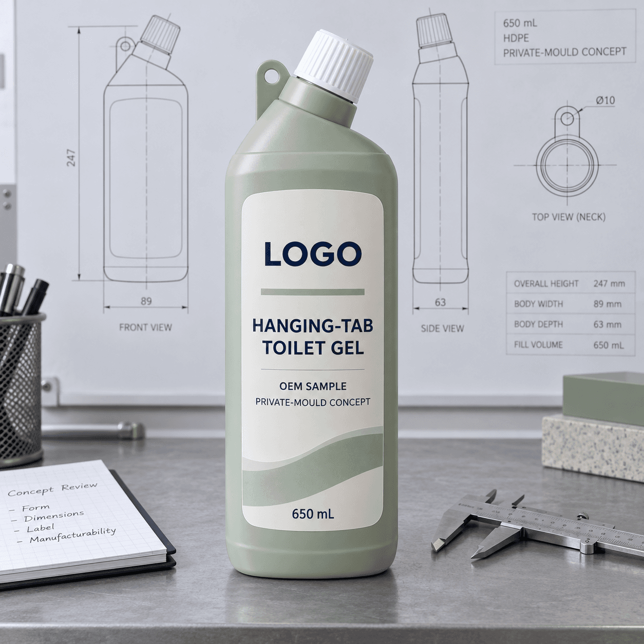 Illustrative pale-sage 650 mL private-mould toilet gel bottle with white angled screw closure, neck-collar hanging tab and fitted LOGO, HANGING-TAB TOILET GEL, OEM SAMPLE and PRIVATE-MOULD CONCEPT label beside calipers and concept drawings