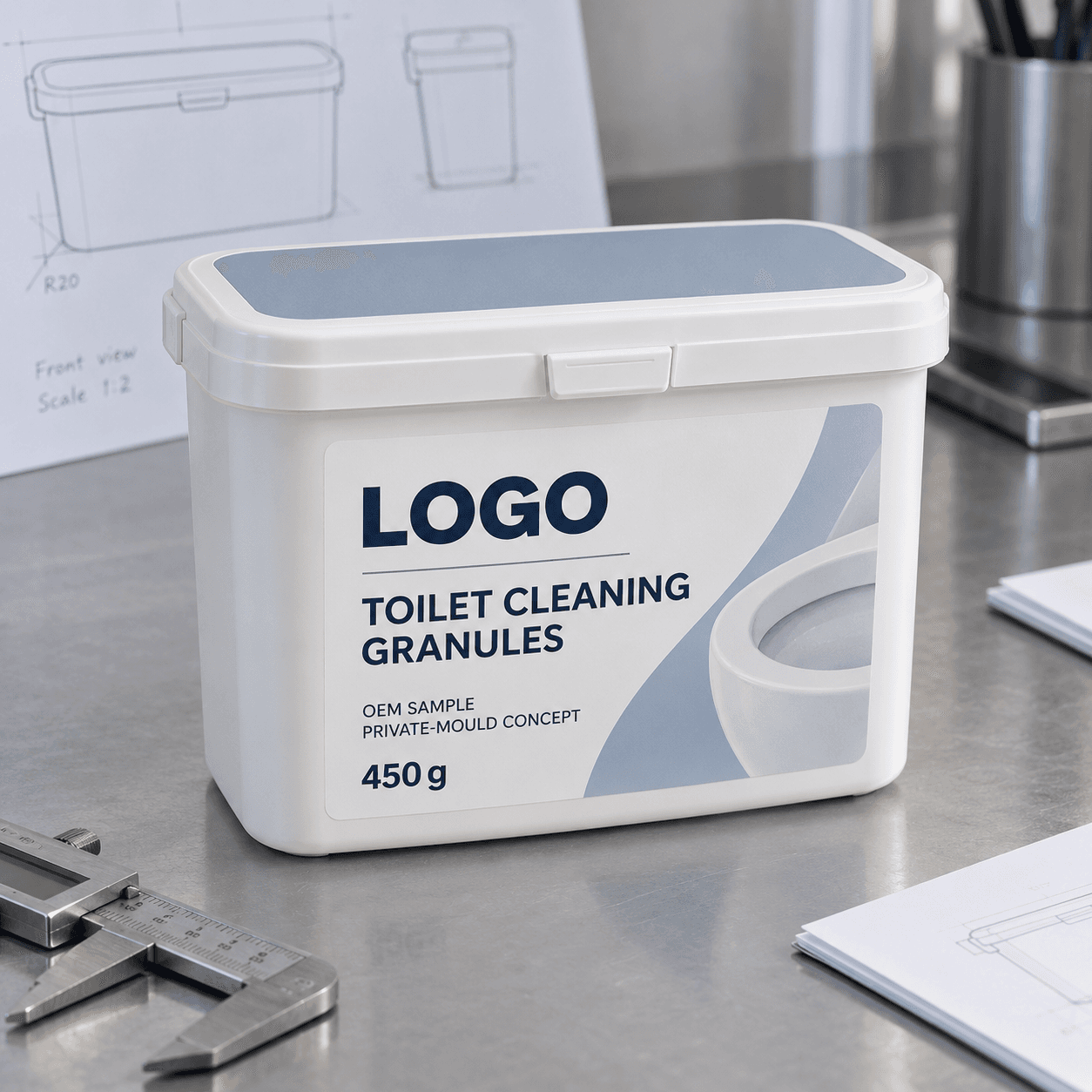 Illustrative white rectangular 450 g private-mould toilet cleaning granule tub with blue-grey lid inset, front snap latch and fitted LOGO, TOILET CLEANING GRANULES, OEM SAMPLE and PRIVATE-MOULD CONCEPT label beside calipers and concept drawings