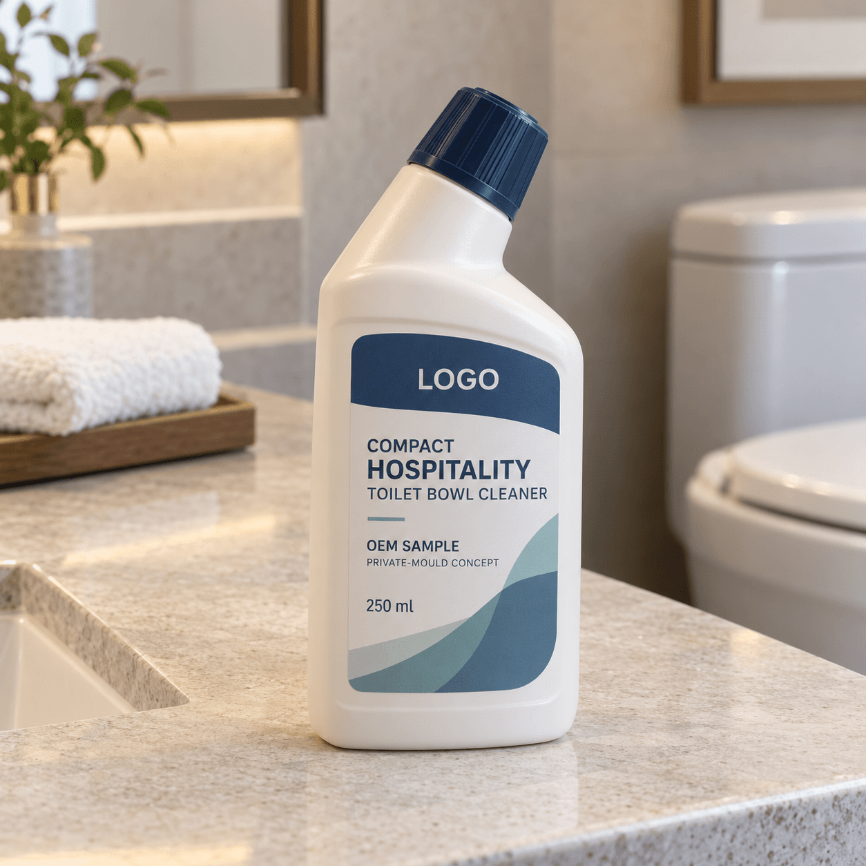 Illustrative warm-white 250 mL private-mould toilet bowl cleaner bottle with navy screw cap and fitted COMPACT HOSPITALITY TOILET BOWL CLEANER, OEM SAMPLE, PRIVATE-MOULD CONCEPT and replaceable LOGO label in a tidy guest washroom