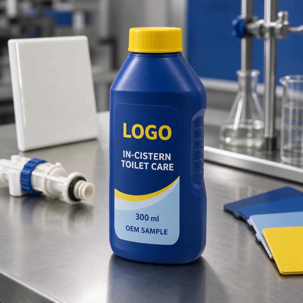 Illustrative deep-blue 300 ml single-chamber private-mould bottle with yellow screw cap and integrated LOGO, IN-CISTERN TOILET CARE and OEM SAMPLE label on a cistern-component compatibility bench