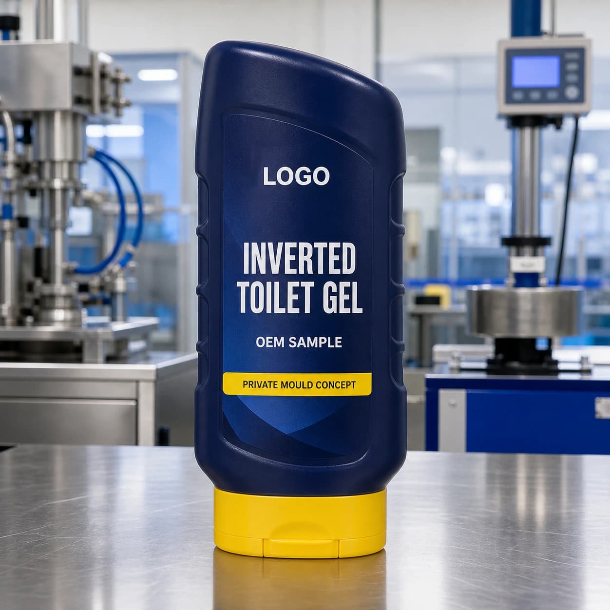Illustrative navy-blue 700 ml cap-down private-mould bottle with broad yellow flip-top base and integrated LOGO, INVERTED TOILET GEL and OEM SAMPLE label on a packaging-development bench