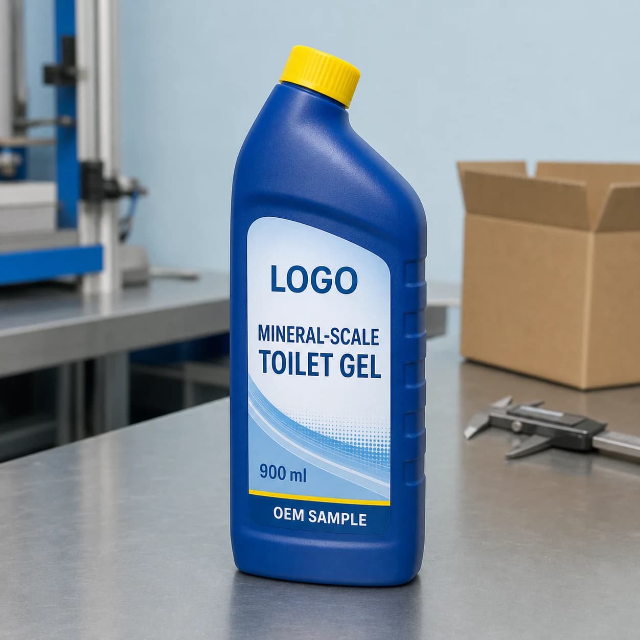Illustrative deep-blue 900 ml single-chamber private-mould angled-neck bottle with yellow cap and integrated LOGO, MINERAL-SCALE TOILET GEL and OEM SAMPLE label on a packaging engineering bench