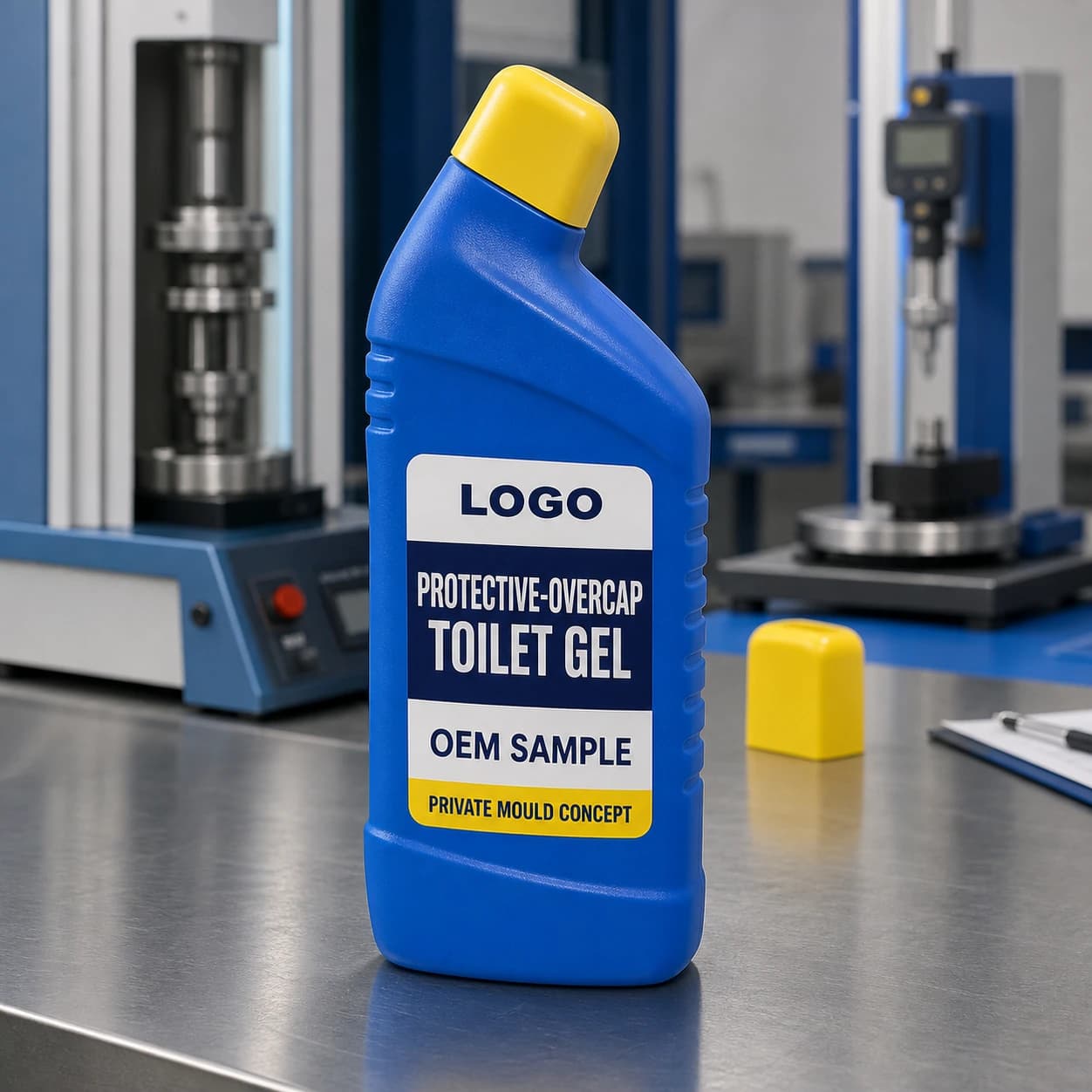 Illustrative blue 800 ml angled-neck private-mould bottle with fitted yellow protective overcap and integrated LOGO, PROTECTIVE-OVERCAP TOILET GEL and OEM SAMPLE label on a closure-test bench