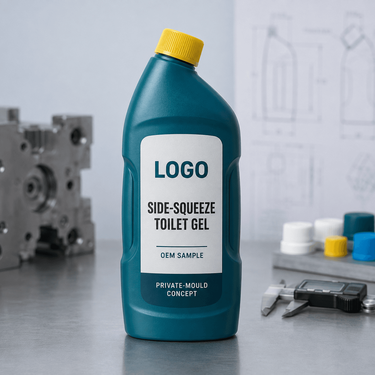 Illustrative deep teal 750 ml single-chamber private-mould bottle with shallow side squeeze panels, yellow closure and integrated LOGO, SIDE-SQUEEZE TOILET GEL, OEM SAMPLE and PRIVATE-MOULD CONCEPT label on a packaging engineering bench