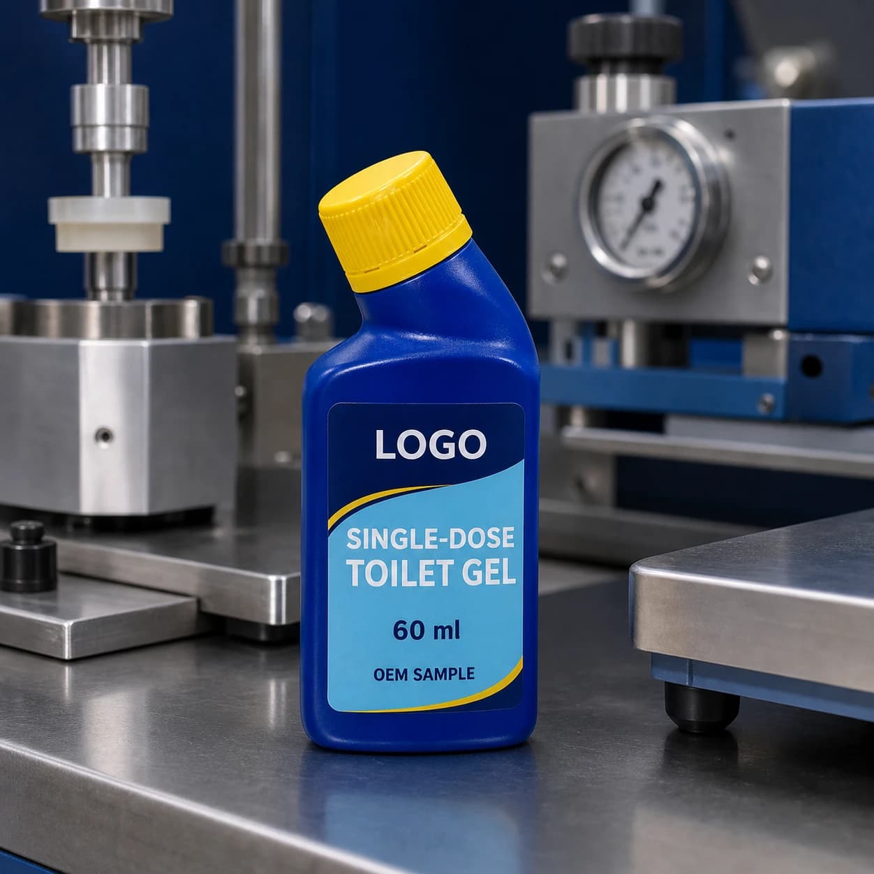 Illustrative cobalt-blue 60 ml single-chamber private-mould bottle with yellow tamper-evident cap and integrated LOGO, SINGLE-DOSE TOILET GEL and OEM SAMPLE label on a portion-validation bench