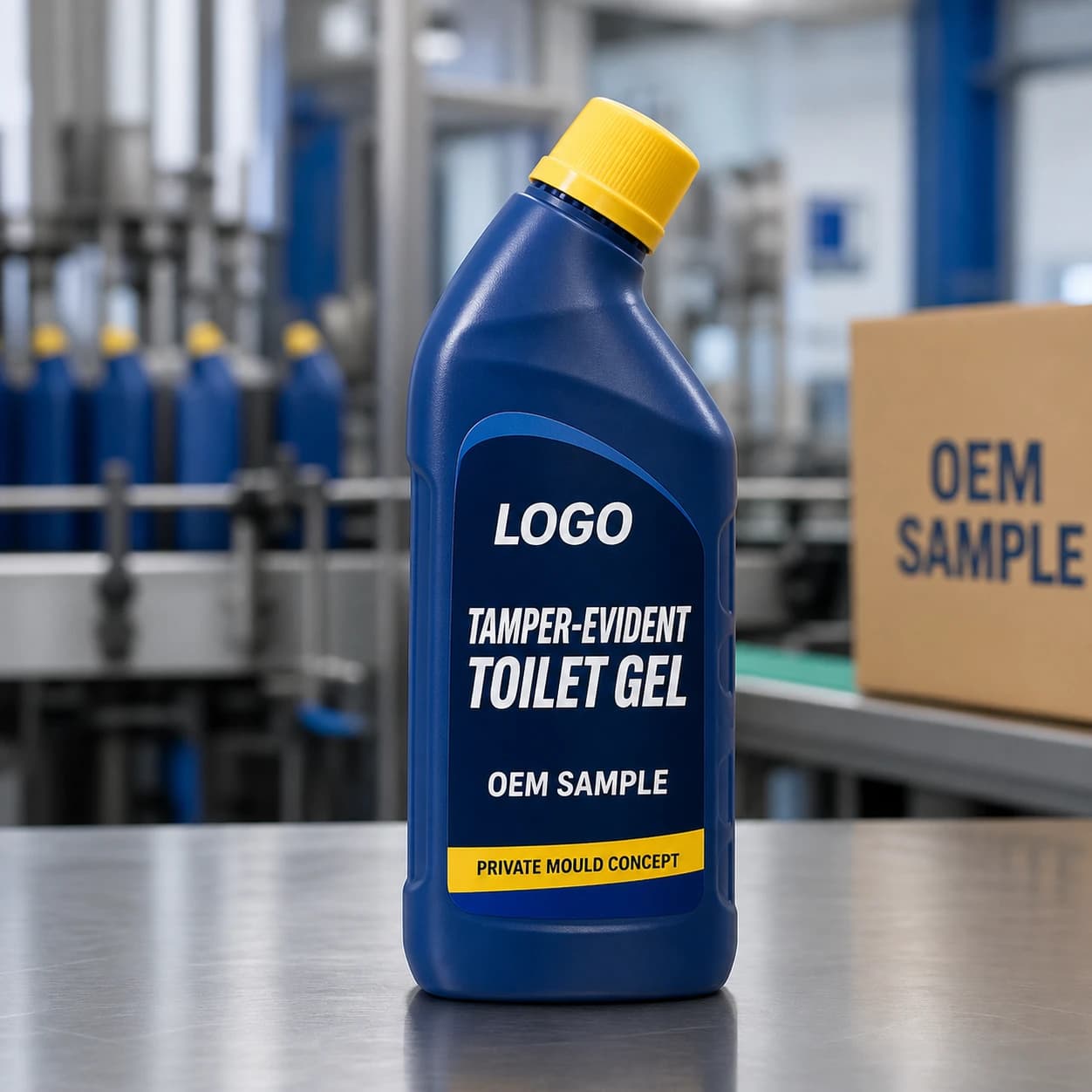 Illustrative deep-blue 750 ml angled-neck private-mould bottle with yellow breakaway-ring cap and integrated LOGO, TAMPER-EVIDENT TOILET GEL and OEM SAMPLE label on a filling-line inspection bench