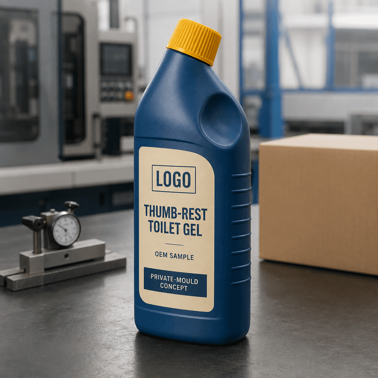 Illustrative petrol-blue 750 ml single-chamber private-mould bottle with shallow rear-side thumb rest, yellow screw cap and integrated LOGO, THUMB-REST TOILET GEL, OEM SAMPLE and PRIVATE-MOULD CONCEPT label on a packaging engineering bench
