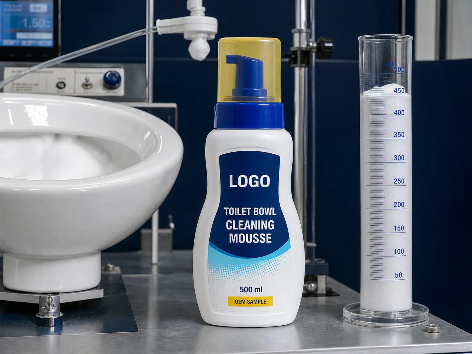 Illustrative private-mould foamer bottle labelled Toilet Bowl Cleaning Mousse, 500 ml and OEM SAMPLE beside a foam test cylinder