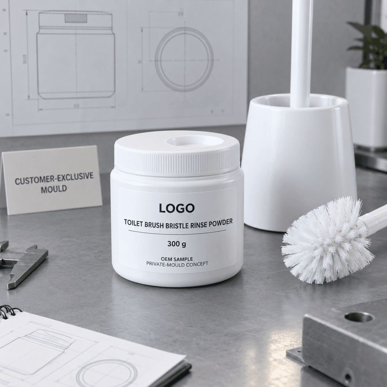 Illustrative matte-white 300 g private-mould toilet brush bristle rinse powder caddy with recessed dosing cup and fitted LOGO, TOILET BRUSH BRISTLE RINSE POWDER, OEM SAMPLE and PRIVATE-MOULD CONCEPT label on a packaging engineering bench