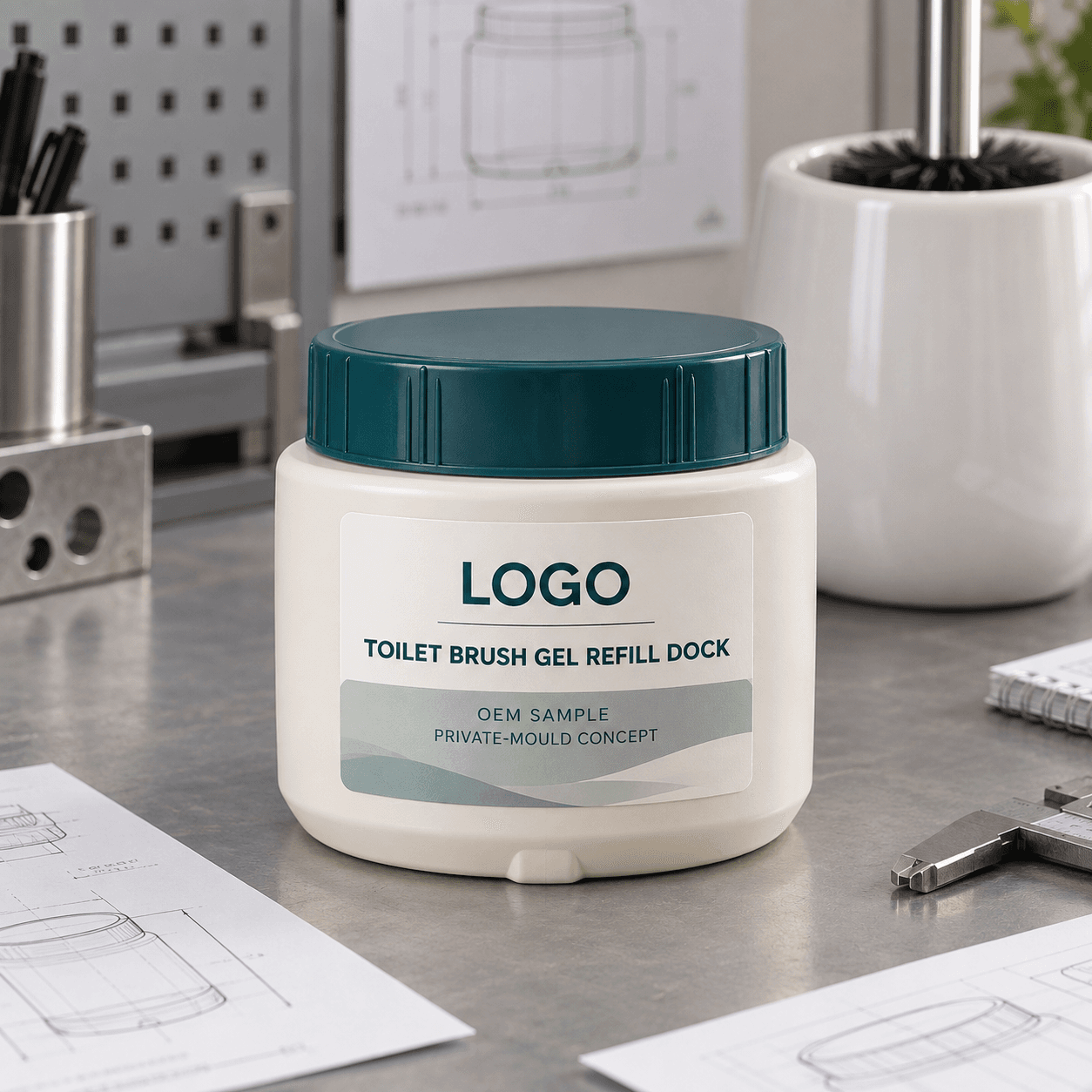 Illustrative warm-white 180 g single-compartment private-mould toilet brush gel refill dock with deep teal threaded lid and fitted LOGO, TOILET BRUSH GEL REFILL DOCK, OEM SAMPLE and PRIVATE-MOULD CONCEPT label on a packaging engineering bench