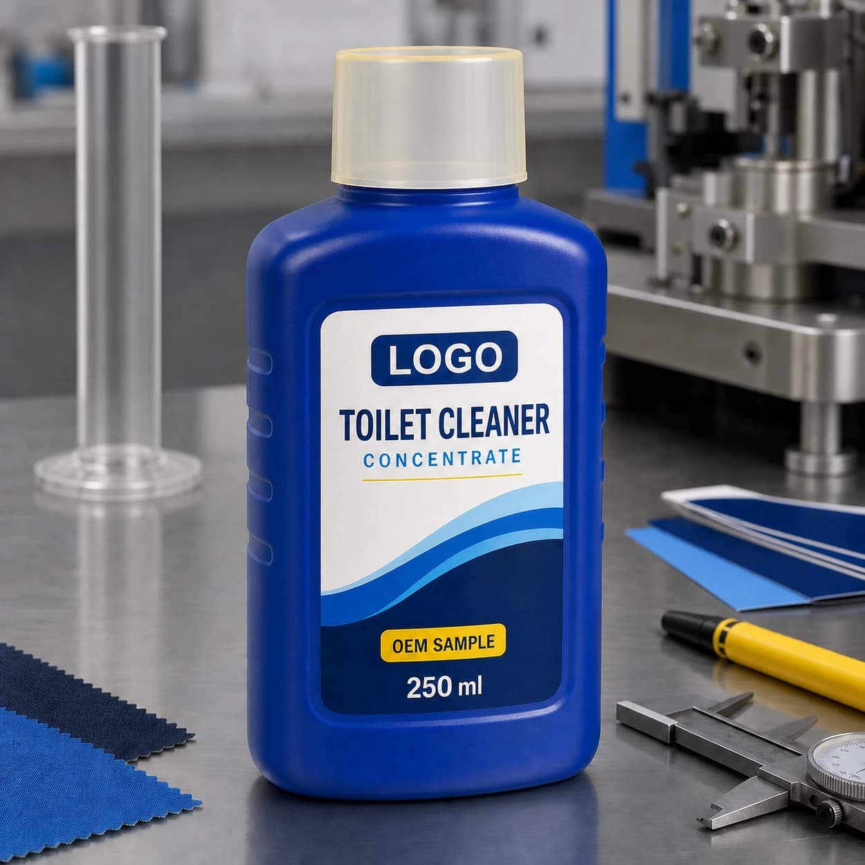 Illustrative cobalt-blue 250 ml single-chamber private-mould bottle with unmarked translucent cup cap and integrated LOGO, TOILET CLEANER CONCENTRATE and OEM SAMPLE label on a filling-development bench