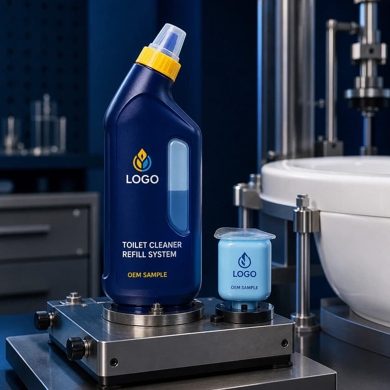 Illustrative deep-blue private-mould toilet-cleaner bottle and pale-blue refill pod with OEM SAMPLE artwork in a compatibility lab