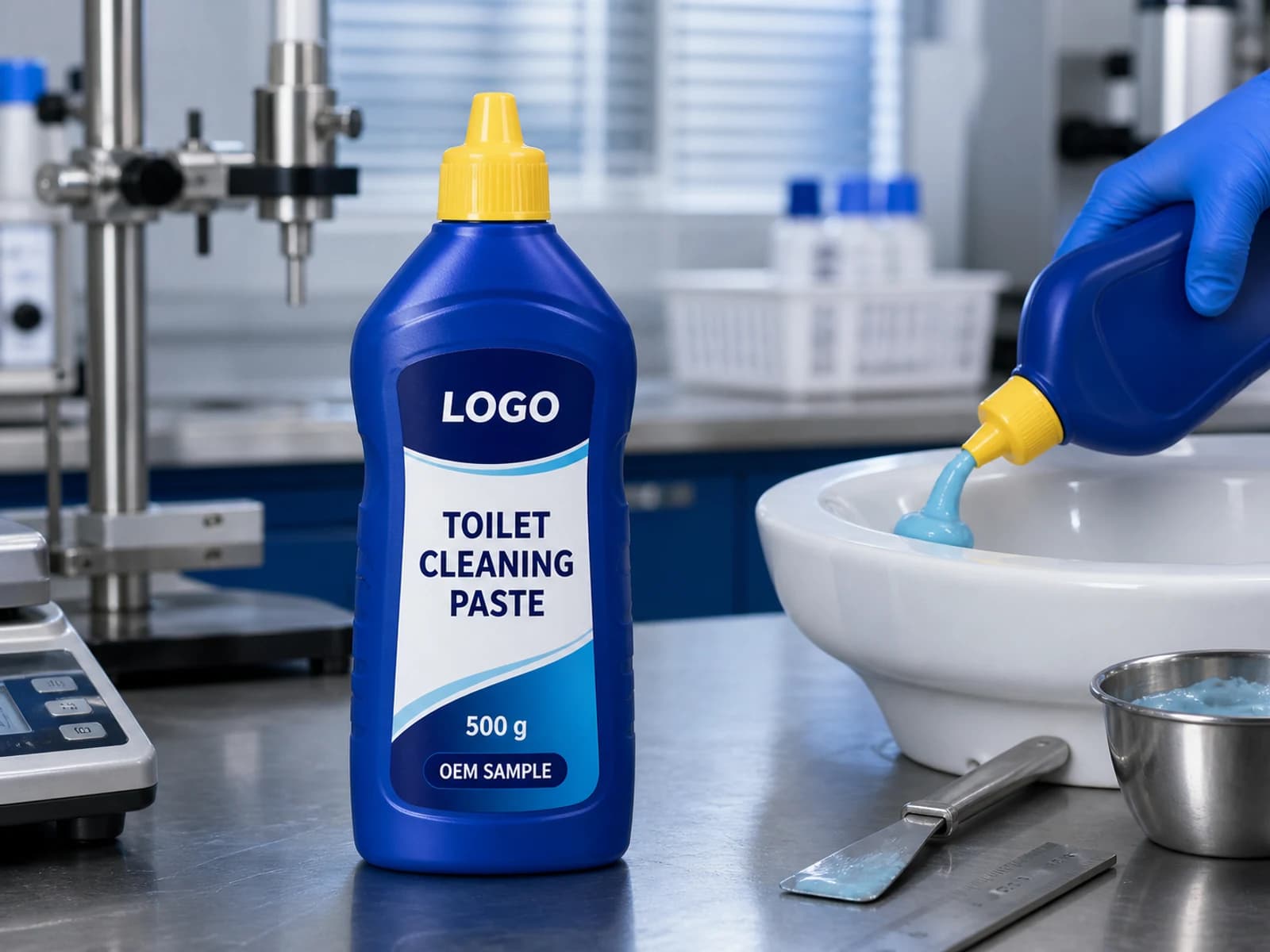 Illustrative cobalt private-mould bottle labelled Toilet Cleaning Paste, 500 g and OEM SAMPLE during a nozzle-placement test