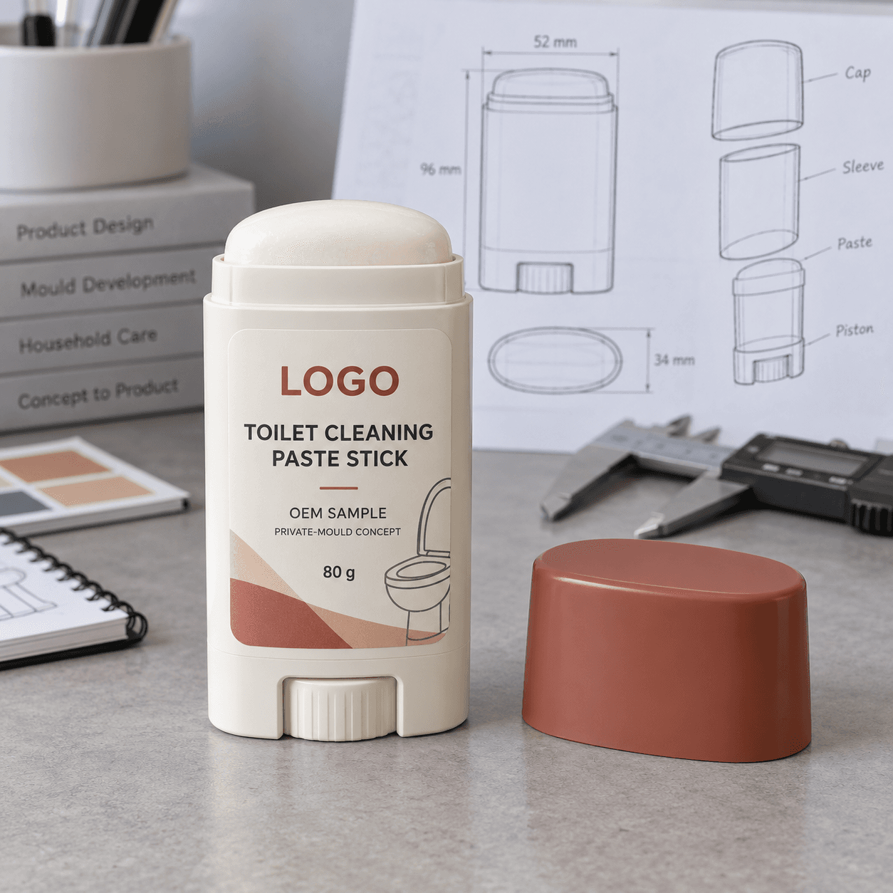 Illustrative white oval 80 g private-mould toilet cleaning paste stick with ivory paste dome, recessed ribbed base, separate terracotta cap and fitted LOGO, TOILET CLEANING PASTE STICK, OEM SAMPLE and PRIVATE-MOULD CONCEPT label on a development bench