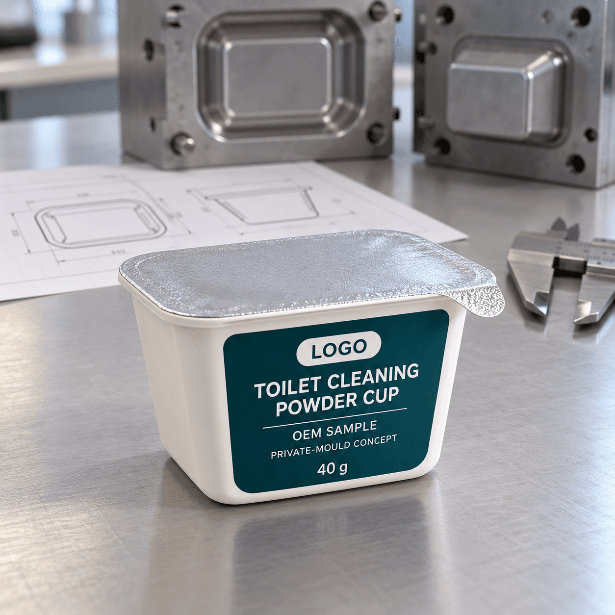 Illustrative white tapered rectangular 40 g powder cup with sealed silver foil lid and peel tab, fitted dark-teal LOGO, TOILET CLEANING POWDER CUP, OEM SAMPLE and PRIVATE-MOULD CONCEPT label on an engineering bench beside drawings and calipers