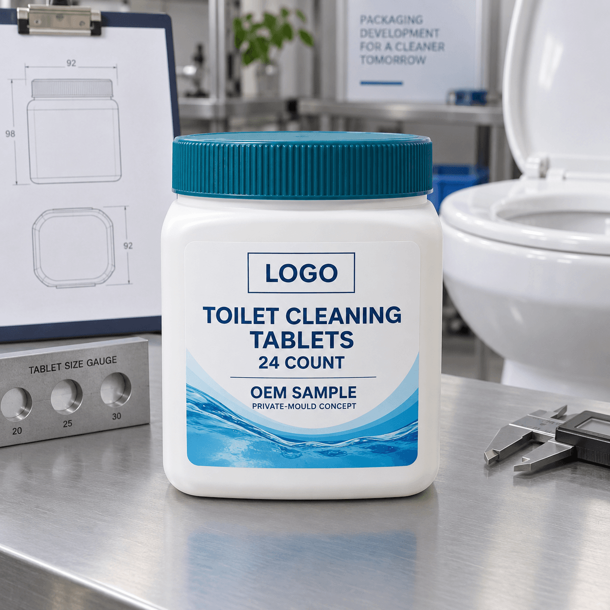 Illustrative warm-white 24-count private-mould toilet cleaning tablet tub with deep teal ribbed lid and fitted LOGO, TOILET CLEANING TABLETS 24 COUNT, OEM SAMPLE and PRIVATE-MOULD CONCEPT label on a packaging engineering bench