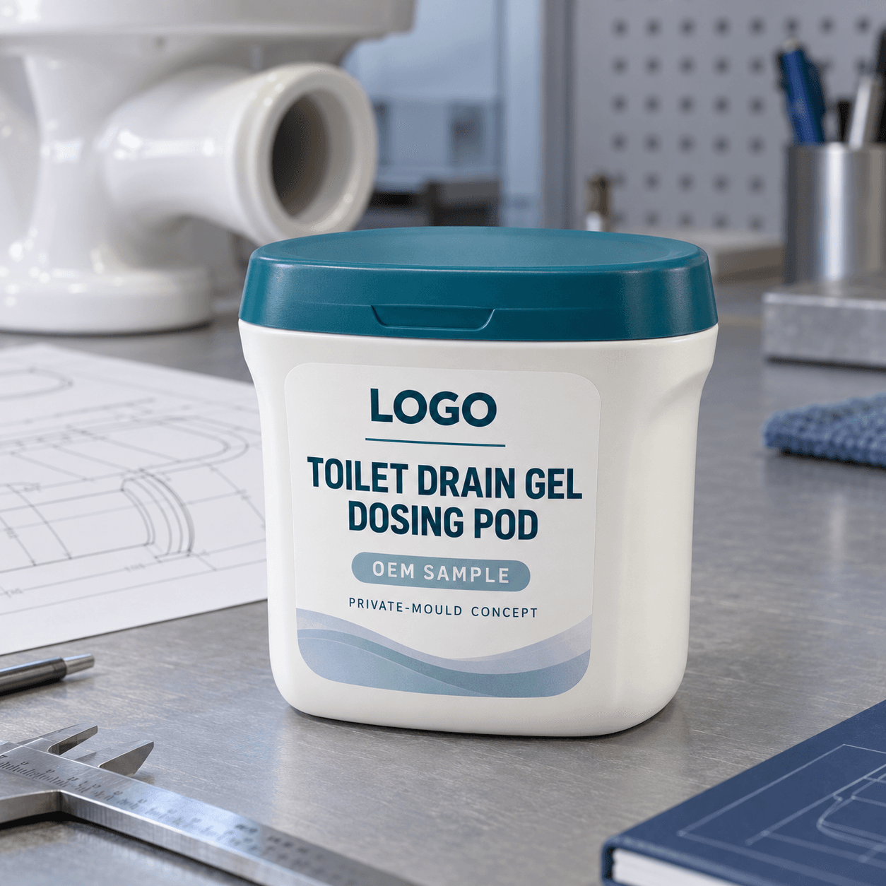 Illustrative warm-white 120 g single-compartment private-mould toilet drain gel dosing pod with deep teal snap lid and fitted LOGO, TOILET DRAIN GEL DOSING POD, OEM SAMPLE and PRIVATE-MOULD CONCEPT label on a packaging engineering bench