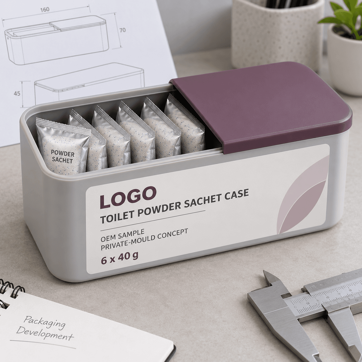 Illustrative pale-grey private-mould case with plum sliding lid, six sealed powder sachets and fitted LOGO, TOILET POWDER SACHET CASE, OEM SAMPLE, PRIVATE-MOULD CONCEPT and 6 x 40 g label beside calipers and packaging drawings