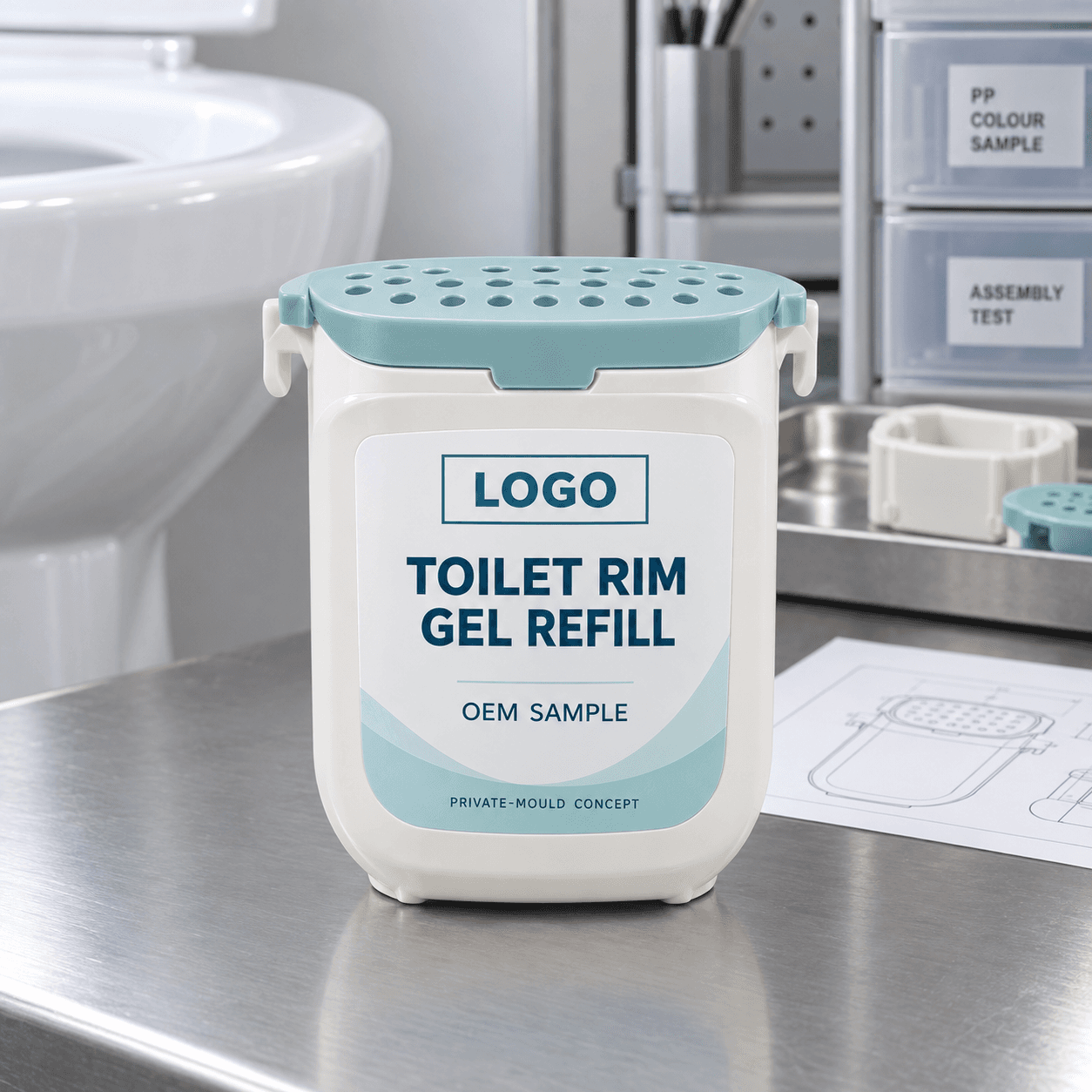 Illustrative warm-white 180 g single-compartment private-mould toilet rim gel refill cartridge with pale-teal perforated cover and fitted LOGO, TOILET RIM GEL REFILL, OEM SAMPLE and PRIVATE-MOULD CONCEPT label on a packaging engineering bench