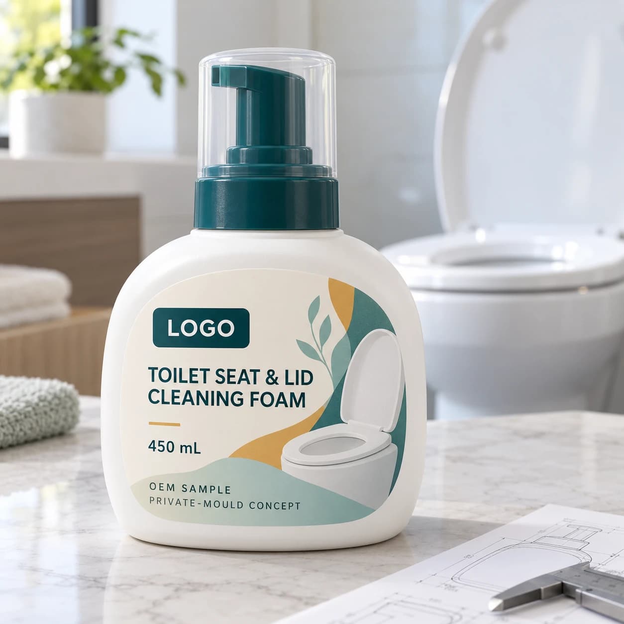 Warm-white 450 mL oval foam bottle with teal pump and clear cap, labelled LOGO, TOILET SEAT & LID CLEANING FOAM, OEM SAMPLE and PRIVATE-MOULD CONCEPT on a washroom counter