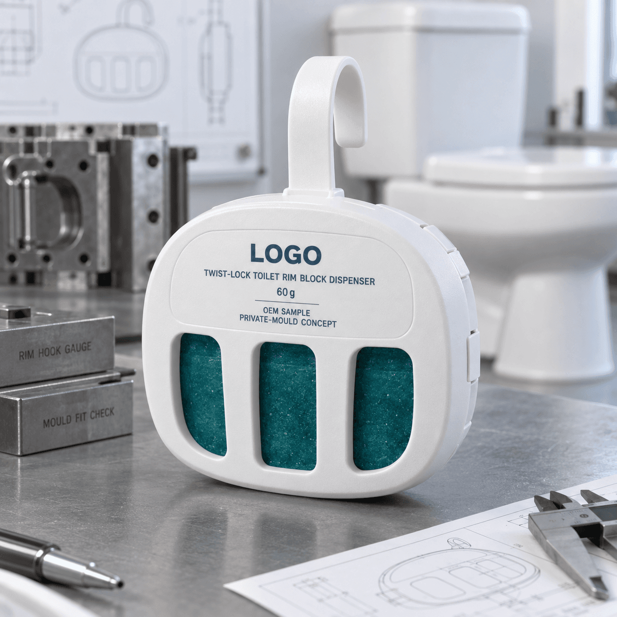 Illustrative matte-white 60 g private-mould toilet rim block dispenser with three open cage windows, a deep teal block, fitted LOGO, OEM SAMPLE and PRIVATE-MOULD CONCEPT front panel on an engineering bench