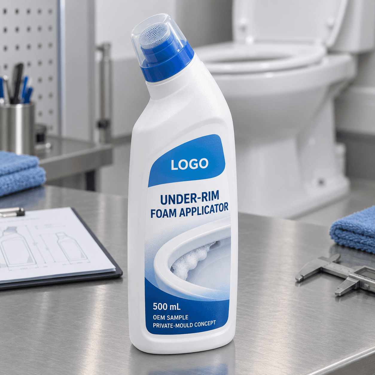 Illustrative white 500 mL private-mould under-rim foam applicator bottle with blue mesh outlet, clear overcap and fitted LOGO, UNDER-RIM FOAM APPLICATOR, OEM SAMPLE and PRIVATE-MOULD CONCEPT label on a packaging engineering bench