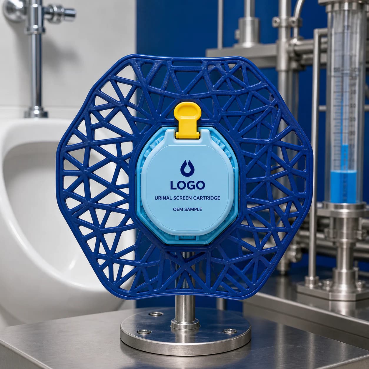 Illustrative blue geometric private-mould urinal screen with pale-blue replaceable cartridge and OEM SAMPLE marking