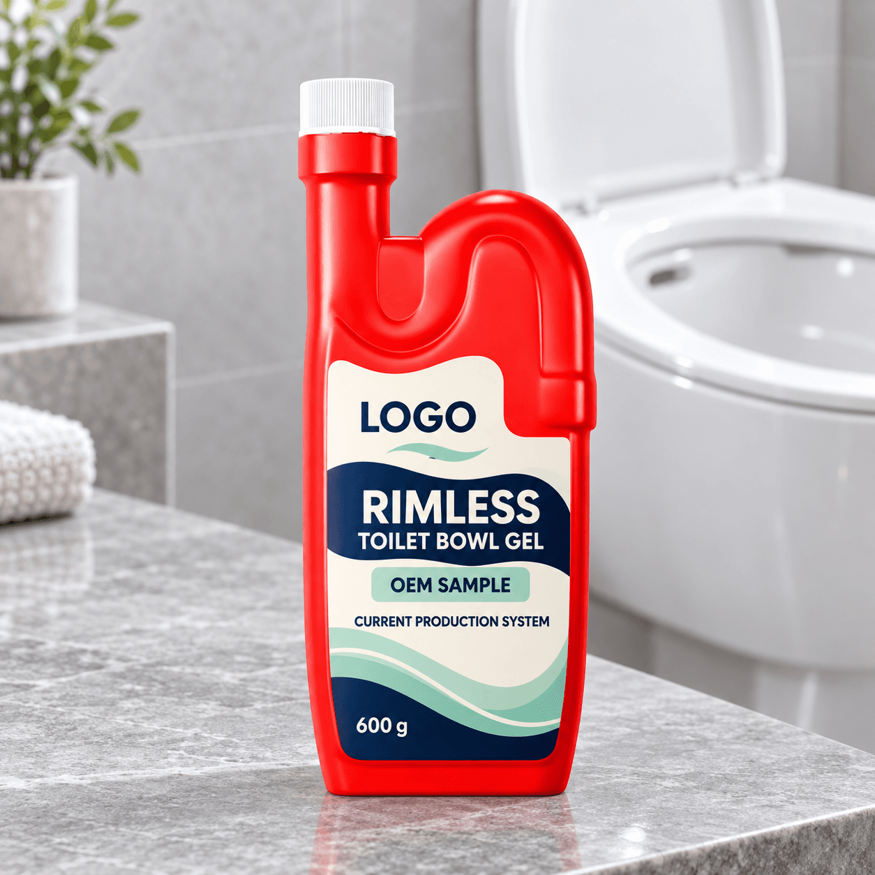 Red 600 g directional bottle with white screw cap, shaped grip and fitted cream, navy and mint LOGO, RIMLESS TOILET BOWL GEL, OEM SAMPLE and CURRENT PRODUCTION SYSTEM label on a grey washroom counter with a rimless toilet behind