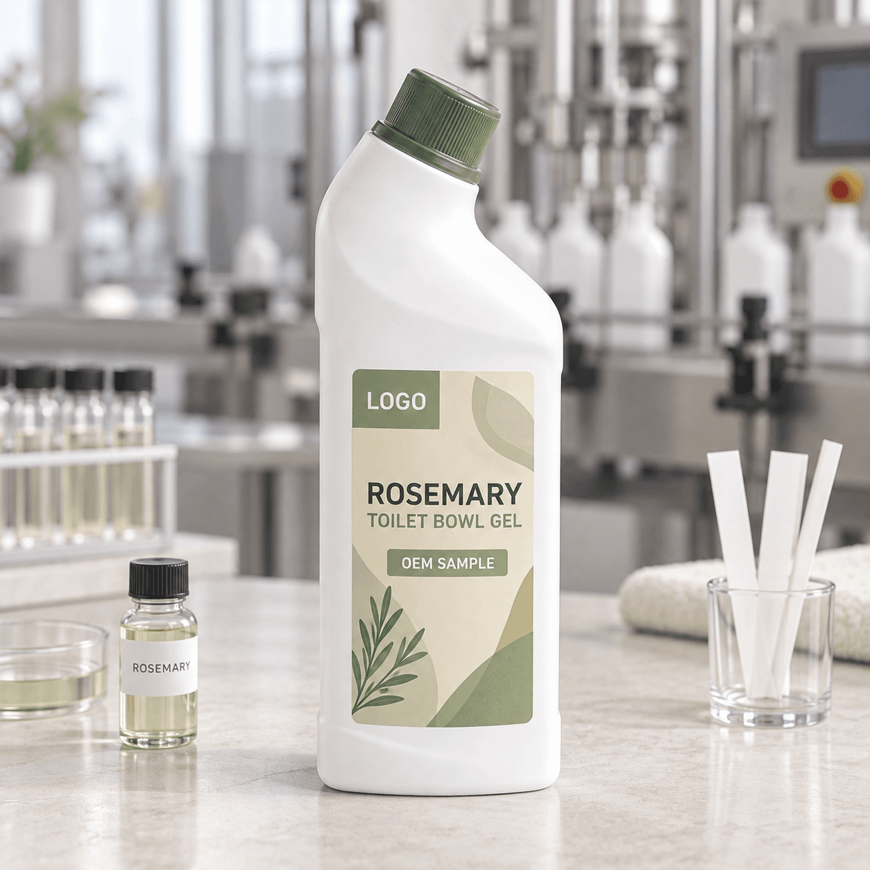 Existing white 600 g angled-neck bottle with sage closure and integrated LOGO, ROSEMARY TOILET BOWL GEL and OEM SAMPLE label on a pale-stone fragrance evaluation bench