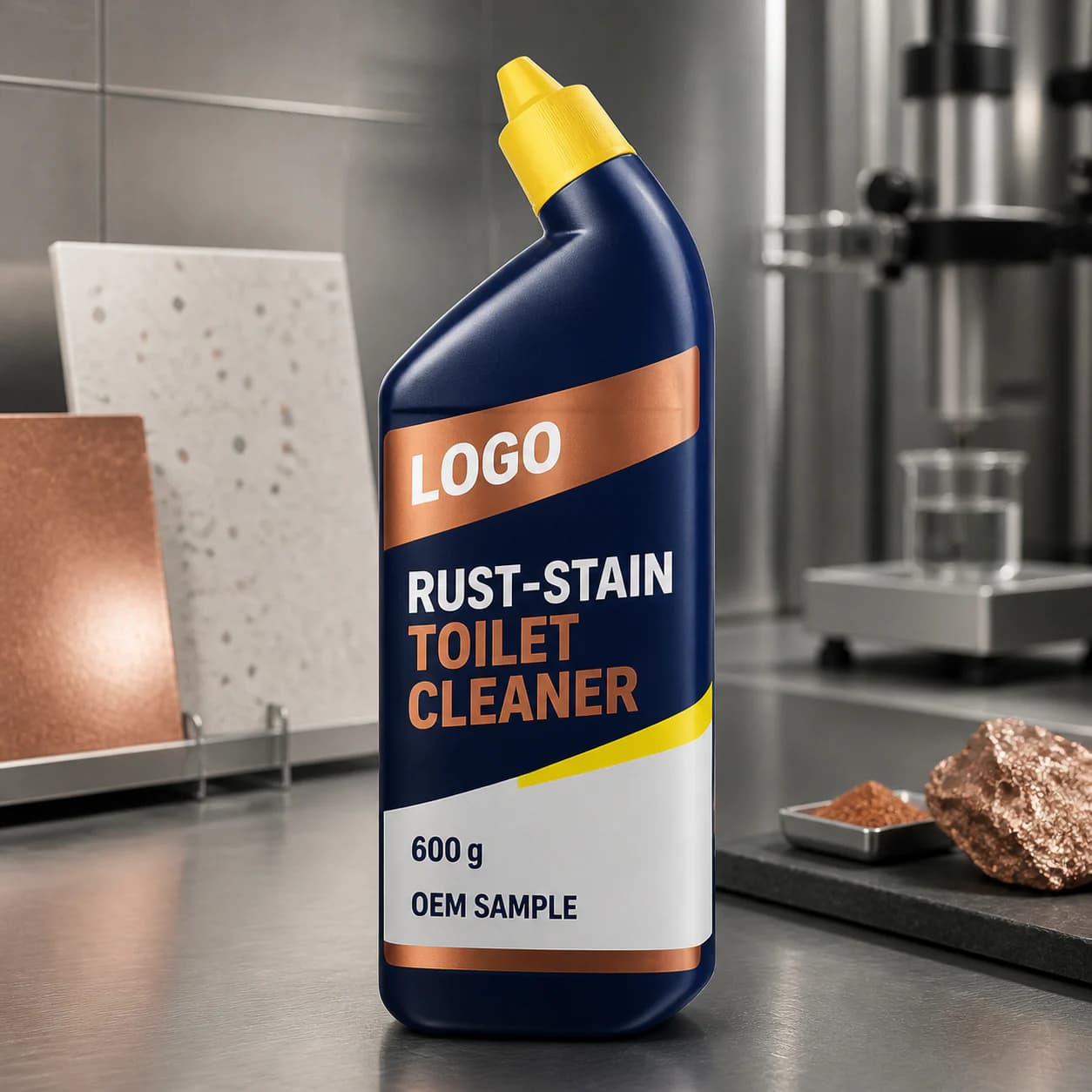 Navy 600 g existing angled-neck bottle with Rust-Stain Toilet Cleaner and OEM SAMPLE artwork in a materials-testing lab