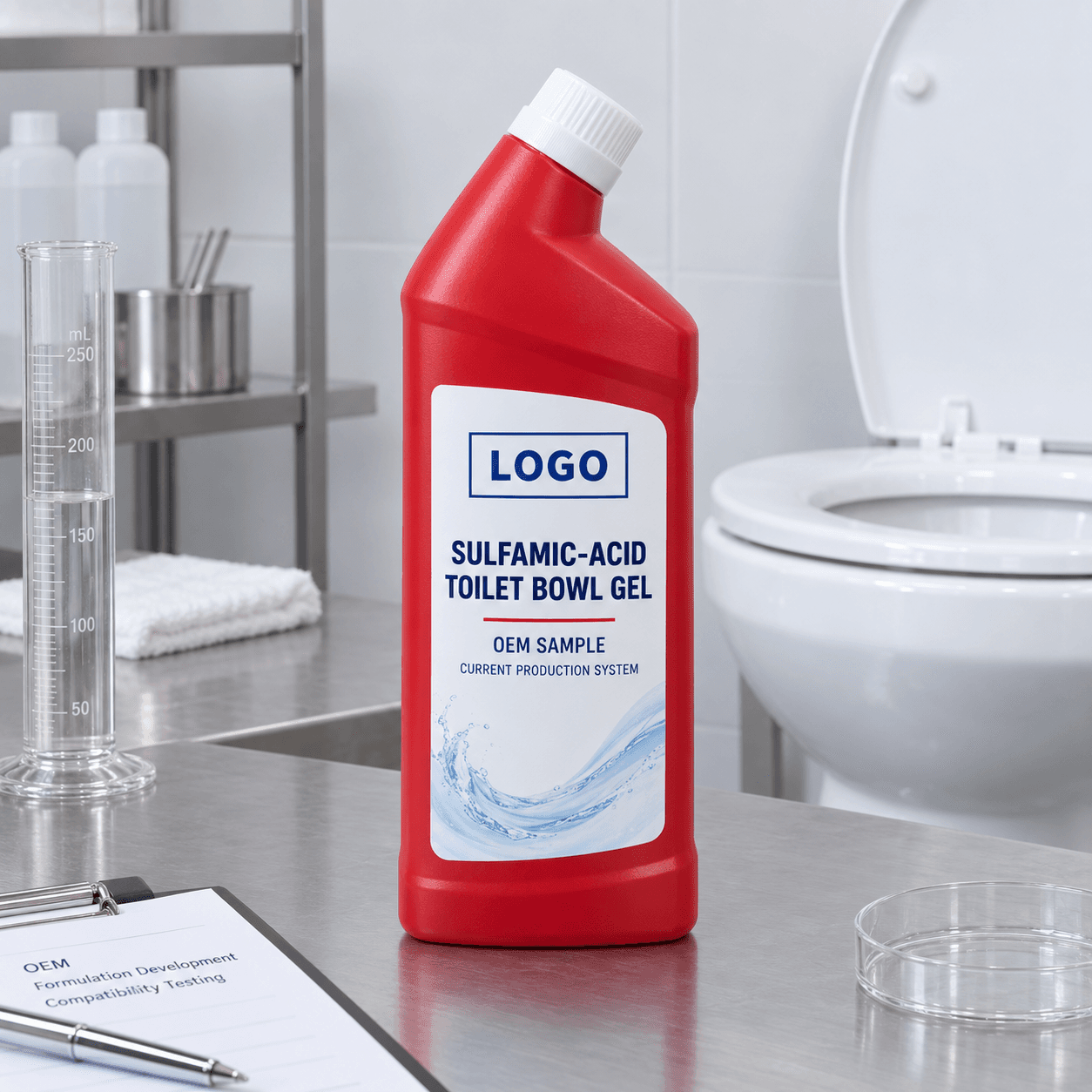 Existing red 1 kg directional toilet-cleaner bottle with fitted LOGO, SULFAMIC-ACID TOILET BOWL GEL and OEM SAMPLE label on a compatibility bench beside a ceramic toilet bowl