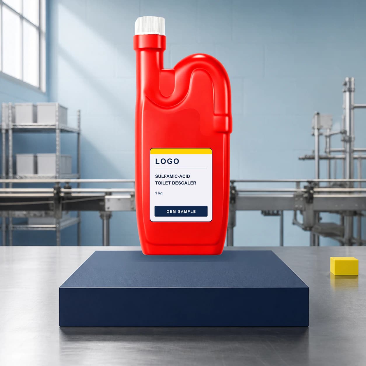 Existing red 1 kg directional-neck bottle with integrated LOGO, Sulfamic-Acid Toilet Descaler and OEM SAMPLE artwork on a conventional packaging line