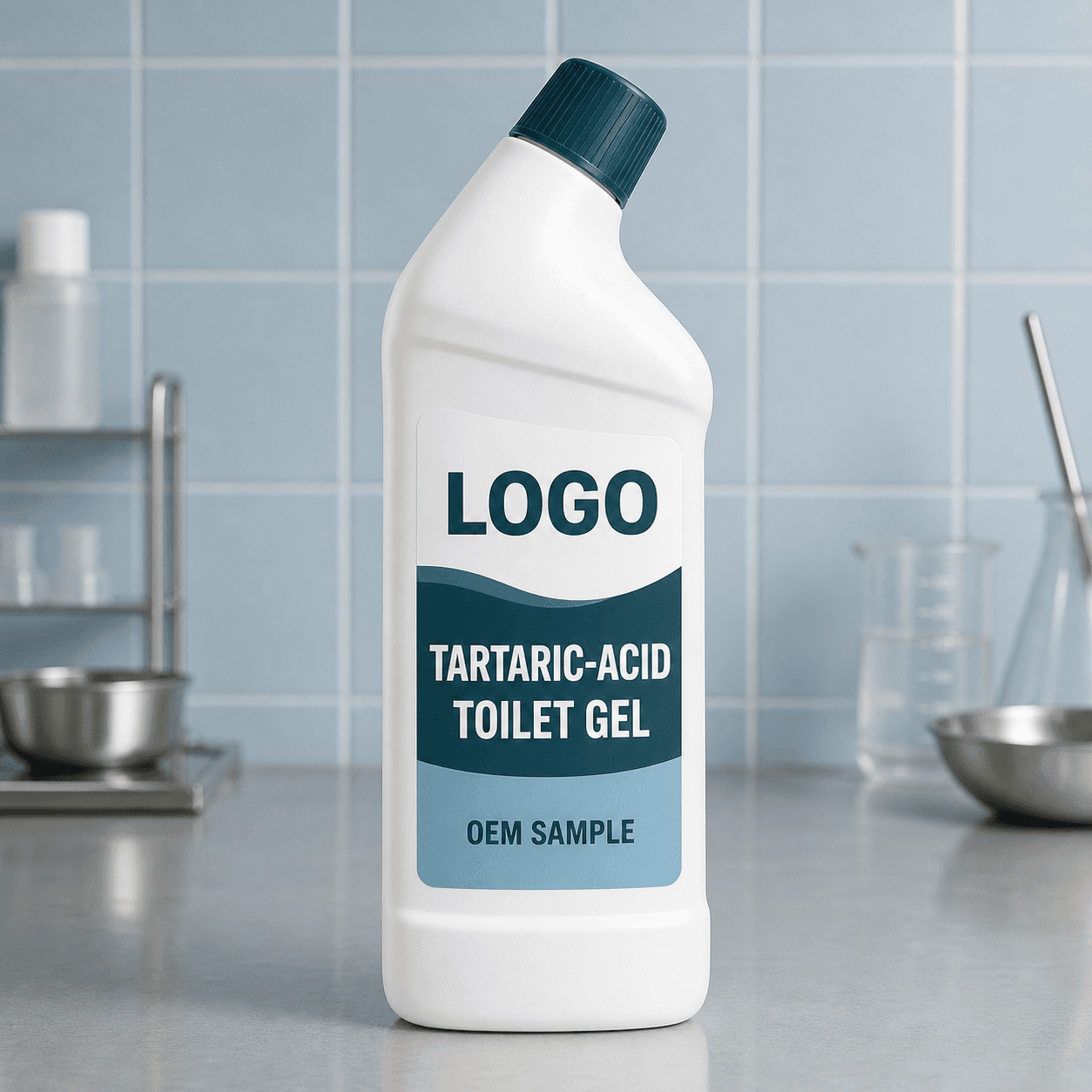 Existing white 600 g directional-neck bottle with dark teal closure and integrated LOGO, TARTARIC-ACID TOILET GEL and OEM SAMPLE label on a pale-blue formulation bench