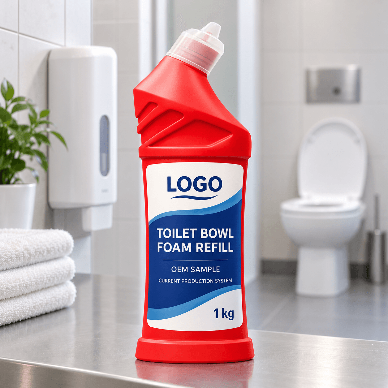 Existing red 1 kg industrial angled-neck bottle with translucent closure and fitted LOGO, TOILET BOWL FOAM REFILL, OEM SAMPLE and CURRENT PRODUCTION SYSTEM label on an institutional washroom counter with a dispenser and toilet behind