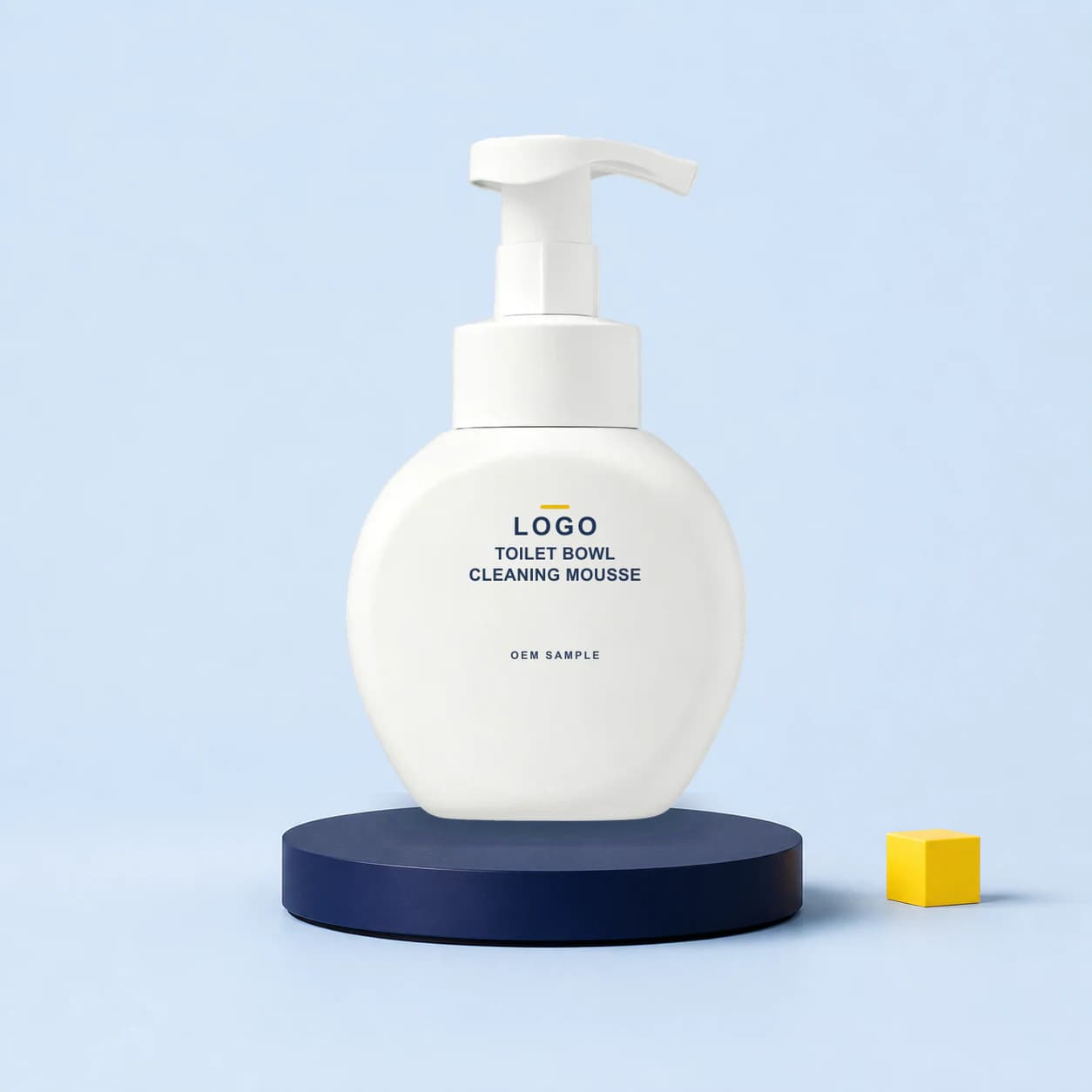 Existing pump-bottle packaging format with illustrative LOGO, product name and OEM SAMPLE direct-print artwork for a toilet bowl mousse project