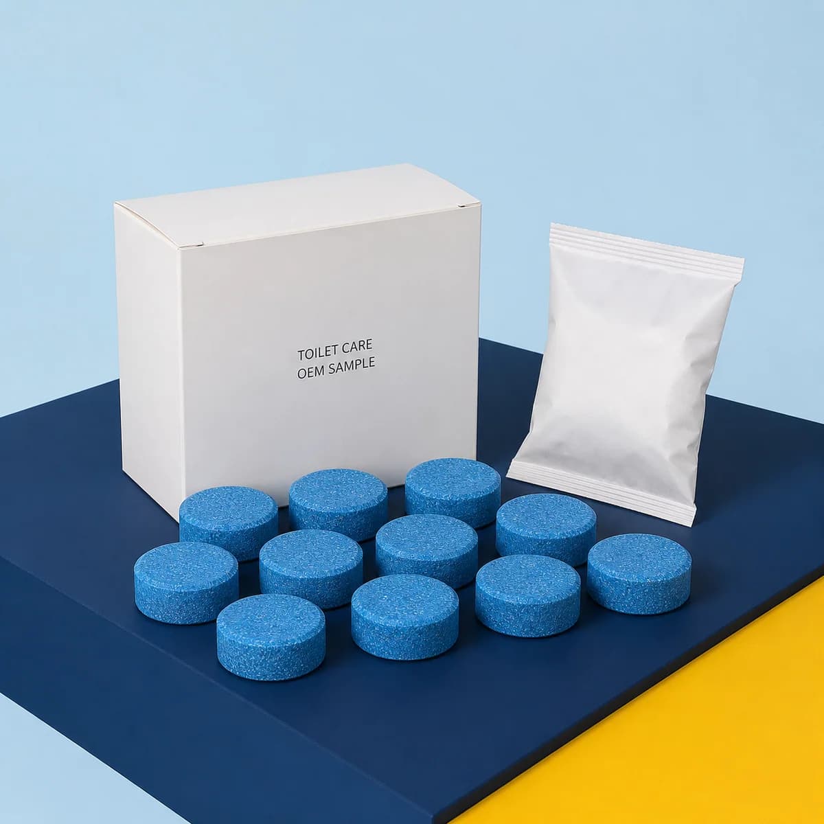 Illustrative unbranded blue toilet bowl tablets with plain carton and pouch