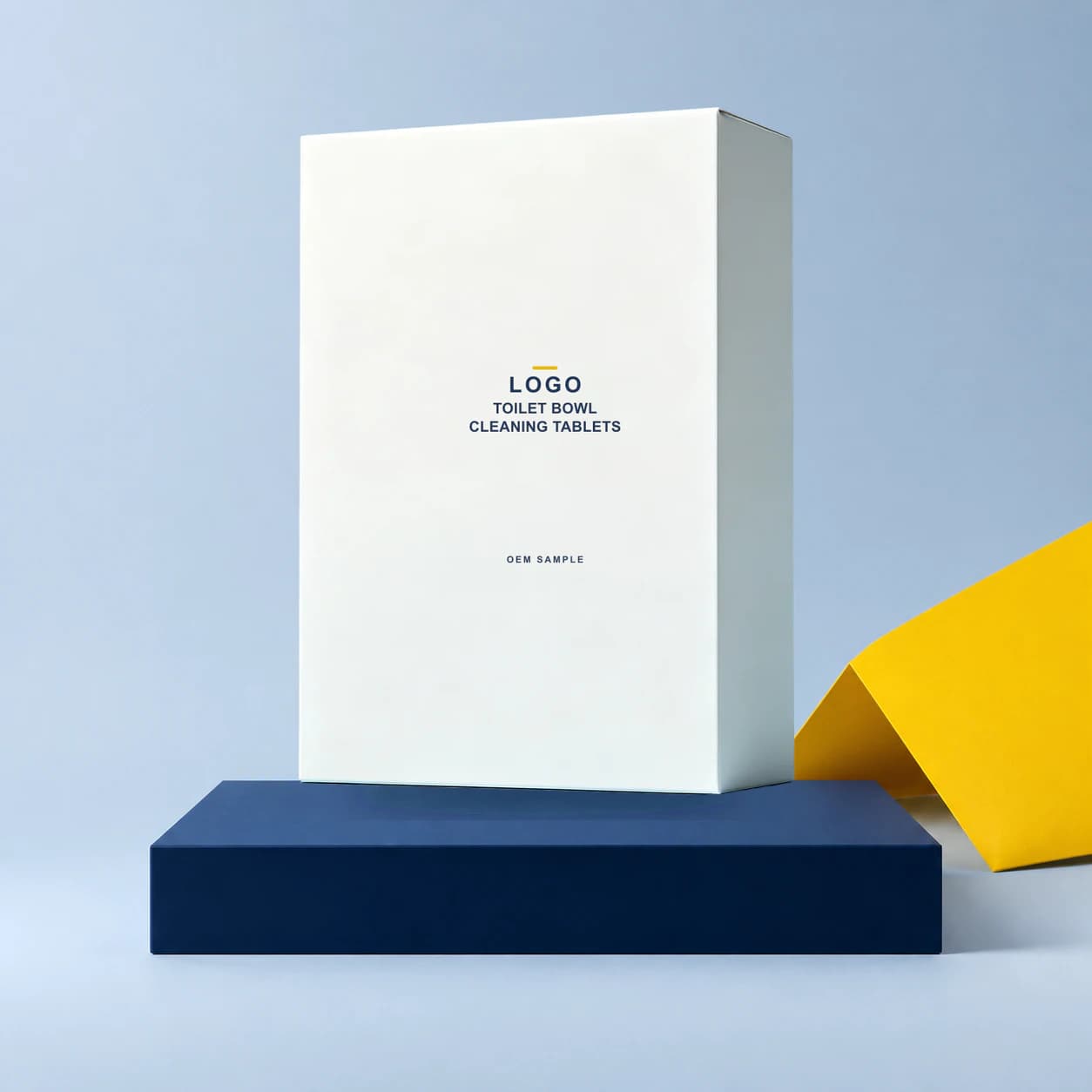 Existing folding carton with illustrative LOGO, product name and OEM SAMPLE direct-print artwork for a toilet bowl tablet project