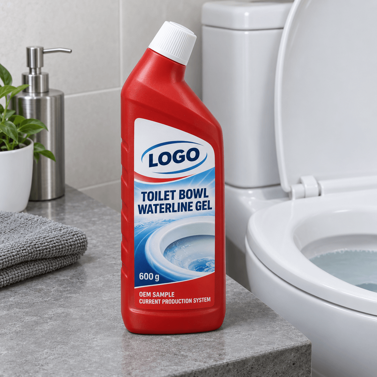 Existing red 600 g directional HDPE bottle with white screw closure and fitted LOGO, TOILET BOWL WATERLINE GEL, OEM SAMPLE and CURRENT PRODUCTION SYSTEM label beside a white ceramic toilet