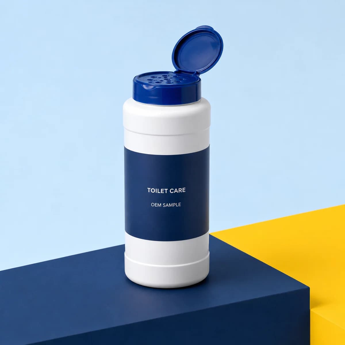 Illustrative unbranded shaker-bottle packaging concept for a toilet cleaning powder