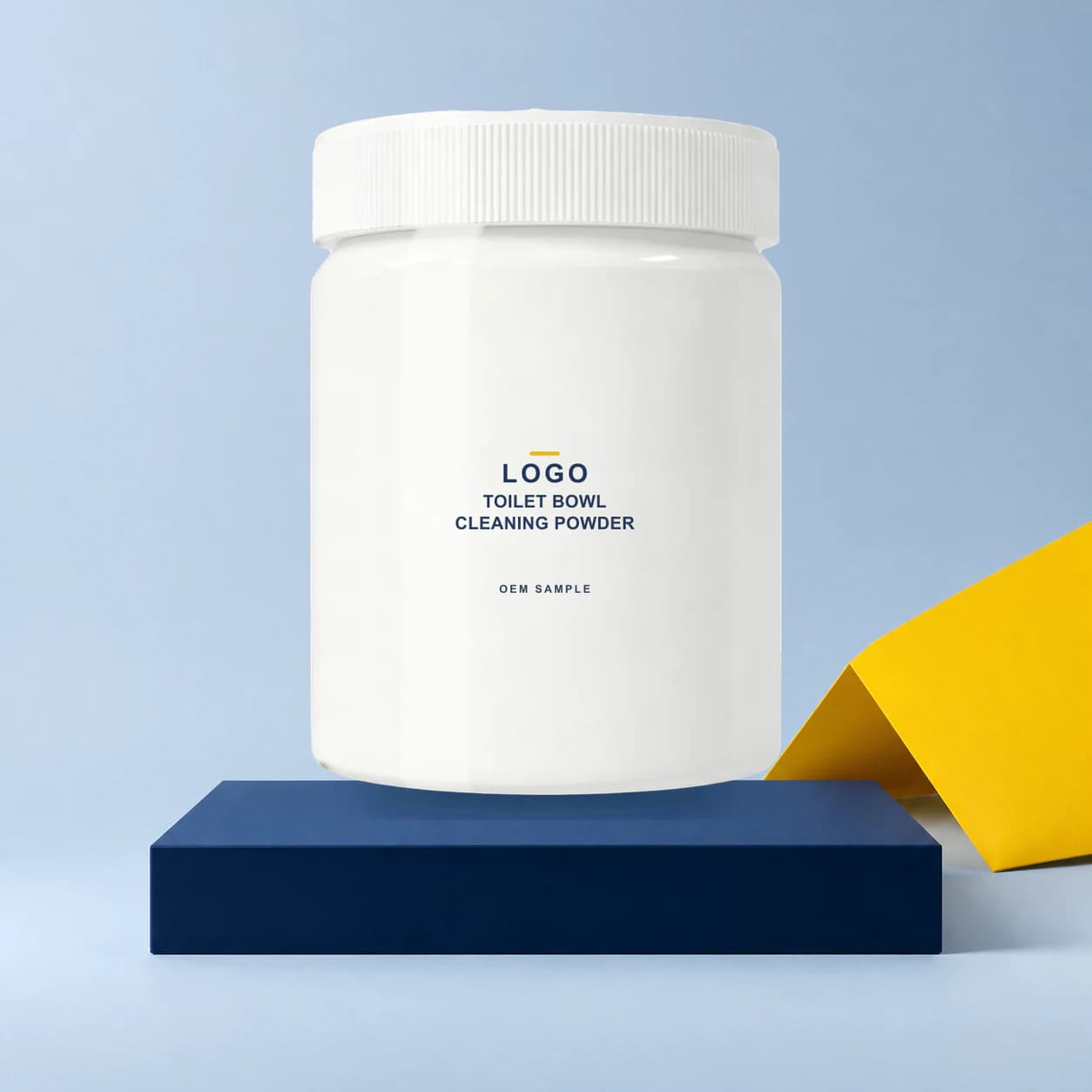 Existing jar with illustrative LOGO, product name and OEM SAMPLE direct-print artwork for a toilet cleaning powder project