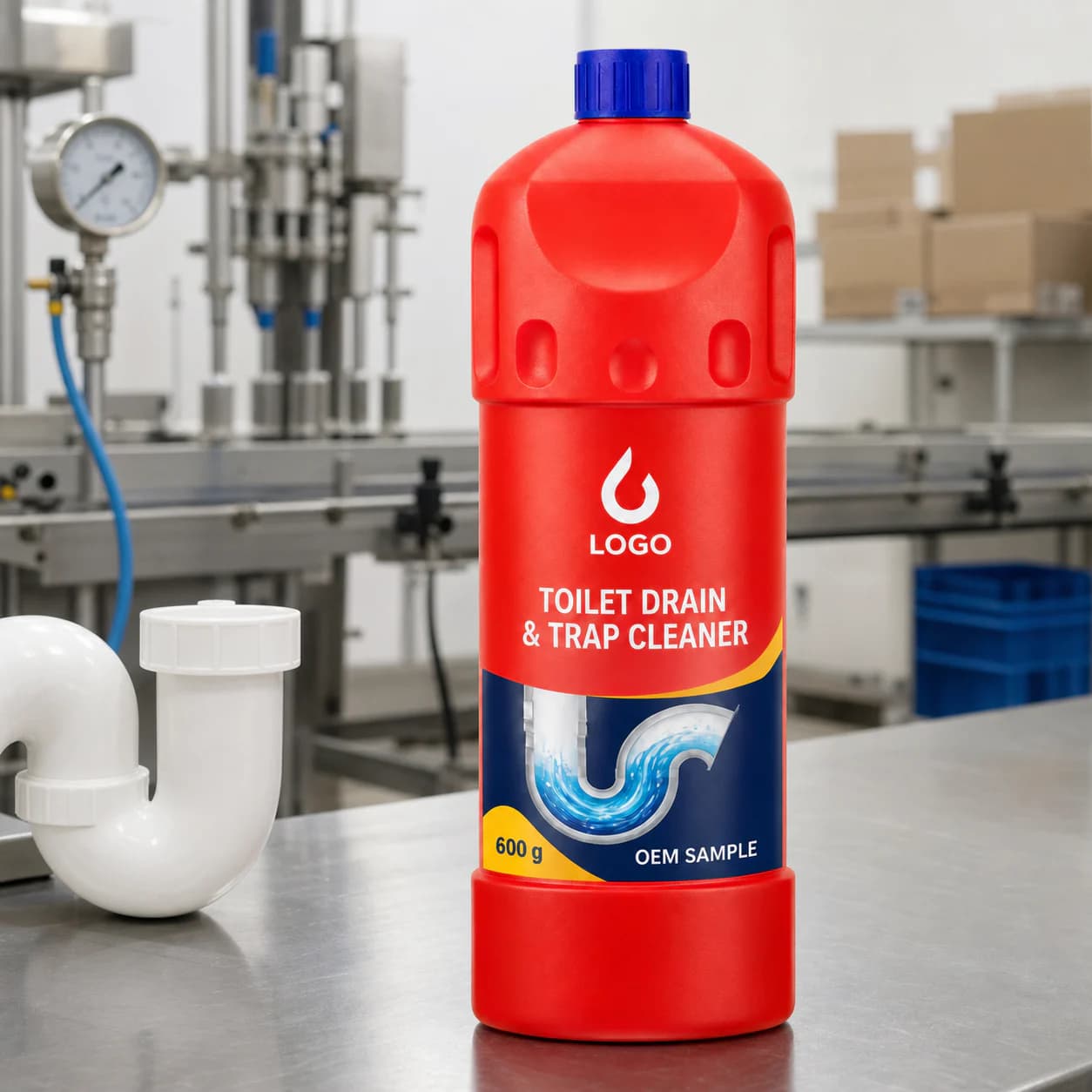 Red 600 g existing-system industrial bottle marked Toilet Drain and Trap Cleaner and OEM SAMPLE on an ordinary factory QC bench
