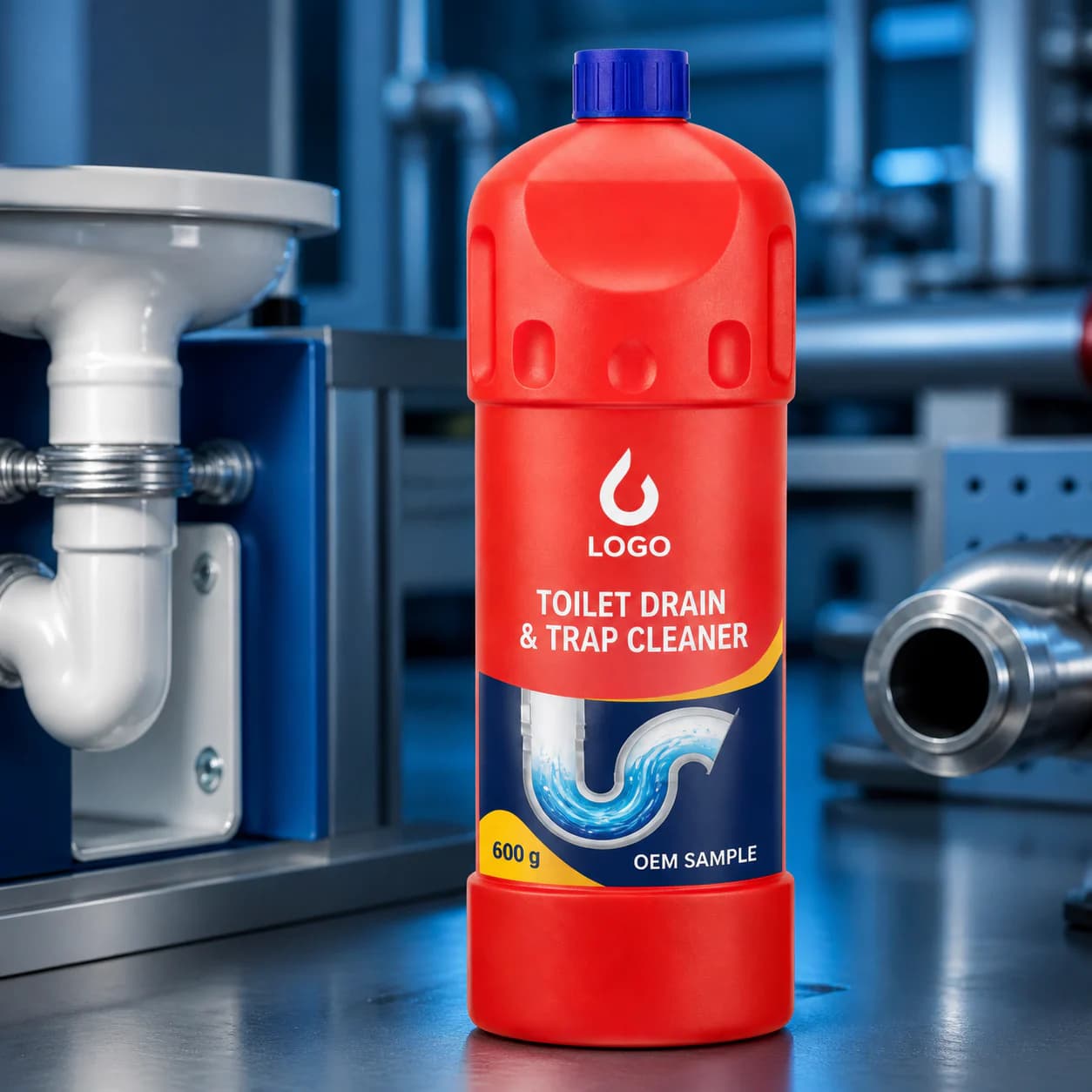 Red 600 g existing-system industrial bottle marked Toilet Drain and Trap Cleaner and OEM SAMPLE beside a toilet-trap test fixture